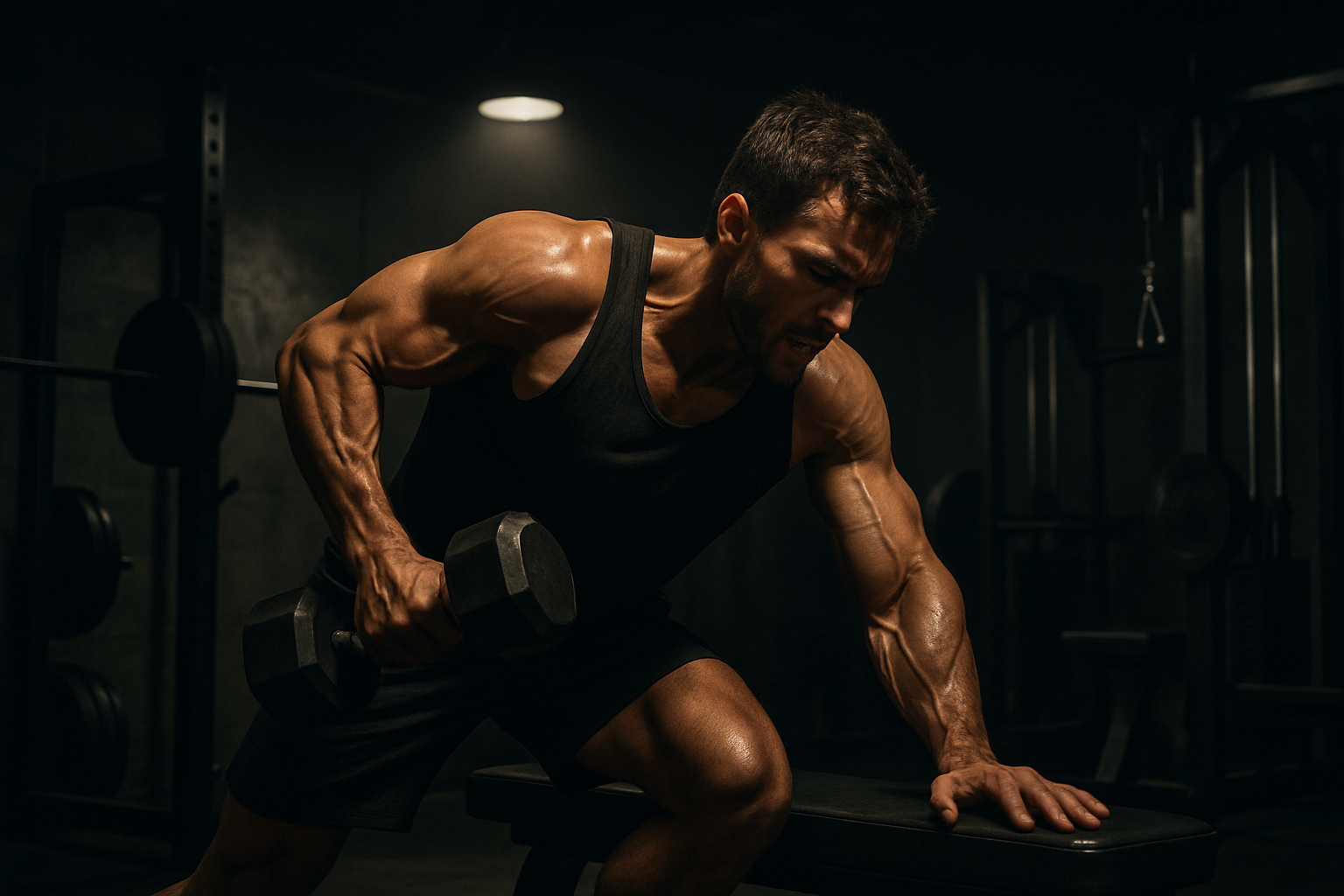 a dark gym setting with a hard working gym guy 