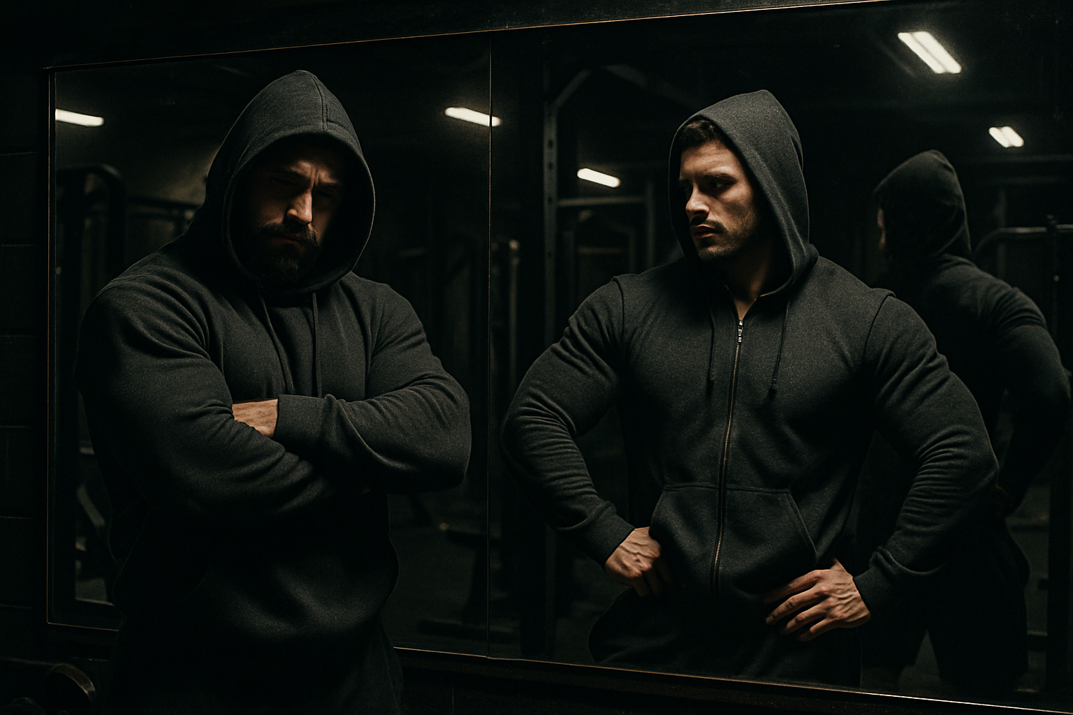 dark gym setting with 2 gym guys posing in a mirror in dark hoodies 