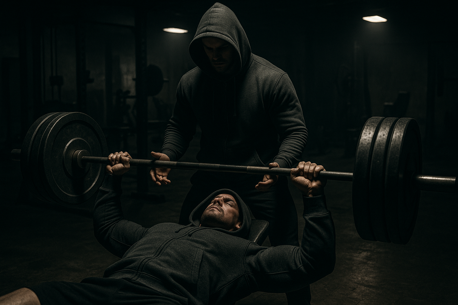 dark gym setting with one guy benching in a hoodie and the other spotting in a hoodie 